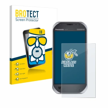 Parte frontal de un envase de producto con el logotipo de la marca BROTECT. Al lado se muestra el dispositivo Panasonic Toughb