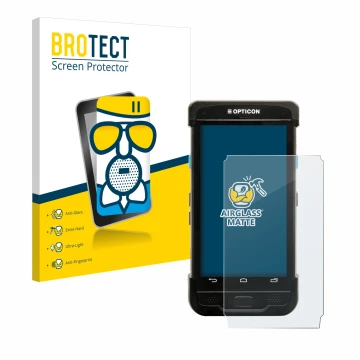 Parte frontal de un envase de producto con el logotipo de la marca BROTECT. Al lado se muestra el dispositivo Opticon H-31 con