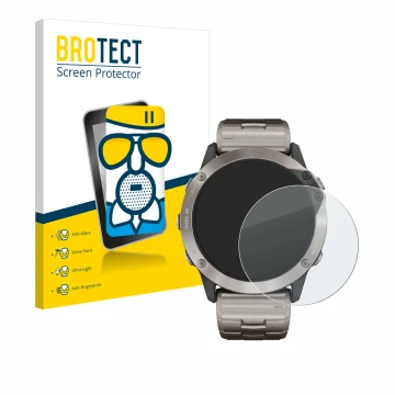 Parte frontal de un envase de producto con el logotipo de la marca BROTECT. Al lado se muestra el dispositivo Garmin quatix 6x