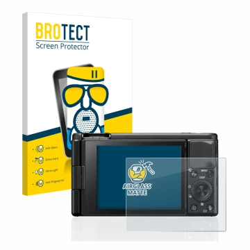 Parte frontal de un envase de producto con el logotipo de la marca BROTECT. Al lado se muestra el dispositivo Sony ZV-1 con su