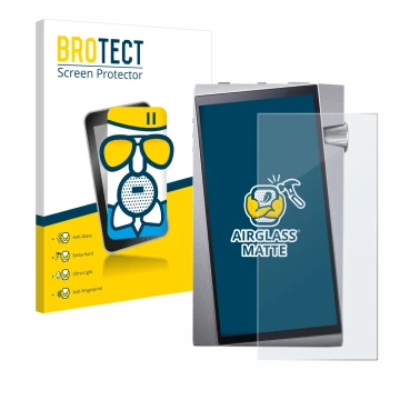 Parte frontal de un envase de producto con el logotipo de la marca BROTECT. Al lado se muestra el dispositivo Astell&Kern A&no