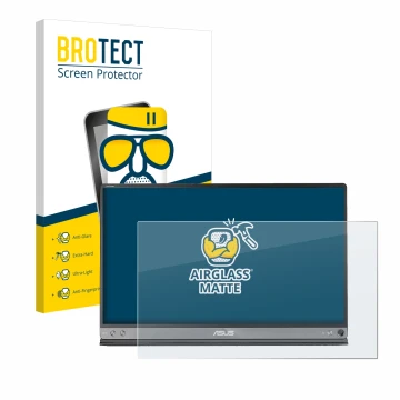 Parte frontal de un envase de producto con el logotipo de la marca BROTECT. Al lado se muestra el dispositivo ASUS ZenScreen M