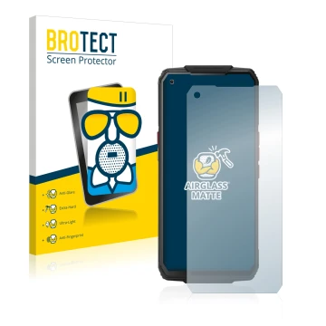 Parte frontal de un envase de producto con el logotipo de la marca BROTECT. Al lado se muestra el dispositivo Oukitel WP7 con 