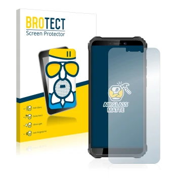 Parte frontal de un envase de producto con el logotipo de la marca BROTECT. Al lado se muestra el dispositivo Oukitel WP5 Pro 