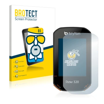 Parte frontal de un envase de producto con el logotipo de la marca BROTECT. Al lado se muestra el dispositivo Bryton Rider 320