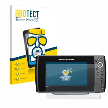 Parte frontal de un envase de producto con el logotipo de la marca BROTECT. Al lado se muestra el dispositivo Humminbird Helix