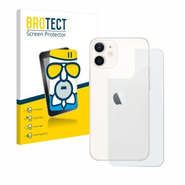 Parte frontal de un envase de producto con el logotipo de la marca BROTECT. Al lado se muestra el dispositivo Apple iPhone 12 