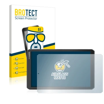 Parte frontal de un envase de producto con el logotipo de la marca BROTECT. Al lado se muestra el dispositivo Garmin Camper 89