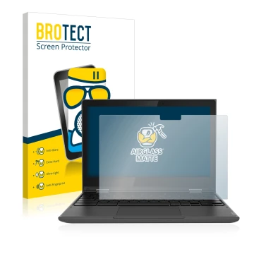 Parte frontal de un envase de producto con el logotipo de la marca BROTECT. Al lado se muestra el dispositivo Lenovo 300e (2da