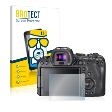 Parte frontal de un envase de producto con el logotipo de la marca BROTECT. Al lado se muestra el dispositivo Sony A7S III con