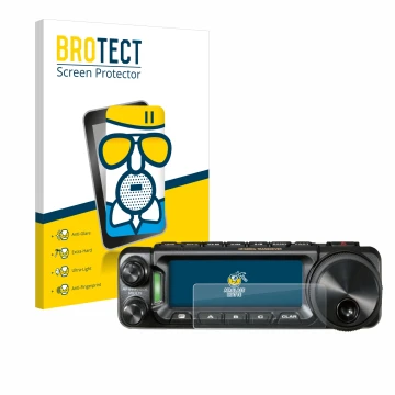 Parte frontal de un envase de producto con el logotipo de la marca BROTECT. Al lado se muestra el dispositivo Yaesu FT-891 con