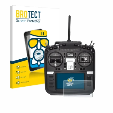 Parte frontal de un envase de producto con el logotipo de la marca BROTECT. Al lado se muestra el dispositivo Radiomaster TX16