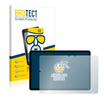 Parte frontal de un envase de producto con el logotipo de la marca BROTECT. Al lado se muestra el dispositivo Samsung Galaxy T