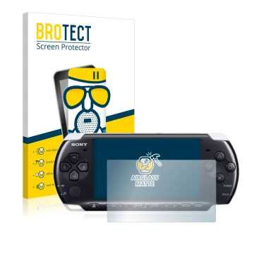 Parte frontal de un envase de producto con el logotipo de la marca BROTECT. Al lado se muestra el dispositivo Sony PSP 3003 co