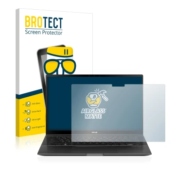 Parte frontal de un envase de producto con el logotipo de la marca BROTECT. Al lado se muestra el dispositivo ASUS ZenBook Fli