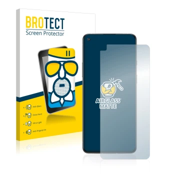 Parte frontal de un envase de producto con el logotipo de la marca BROTECT. Al lado se muestra el dispositivo OnePlus 8T con s