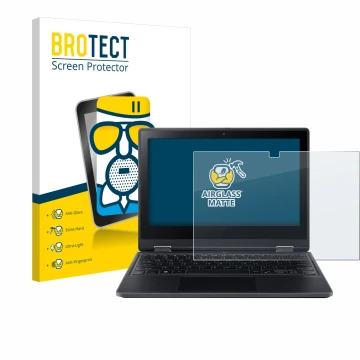 Parte frontal de un envase de producto con el logotipo de la marca BROTECT. Al lado se muestra el dispositivo Acer TravelMate 