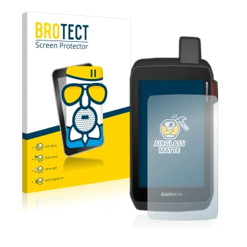 Parte frontal de un envase de producto con el logotipo de la marca BROTECT. Al lado se muestra el dispositivo Garmin Montana 7