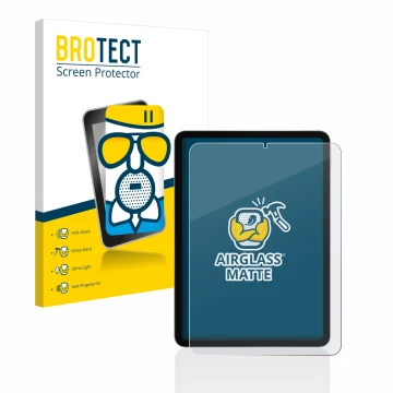 Parte frontal de un envase de producto con el logotipo de la marca BROTECT. Al lado se muestra el dispositivo Apple iPad Air 4