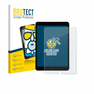 Parte frontal de un envase de producto con el logotipo de la marca BROTECT. Al lado se muestra el dispositivo Apple iPad 10.2