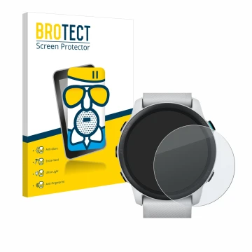 Parte frontal de un envase de producto con el logotipo de la marca BROTECT. Al lado se muestra el dispositivo Garmin Forerunne
