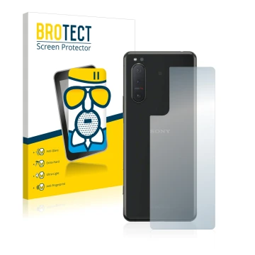 Parte frontal de un envase de producto con el logotipo de la marca BROTECT. Al lado se muestra el dispositivo Sony Xperia 5 II