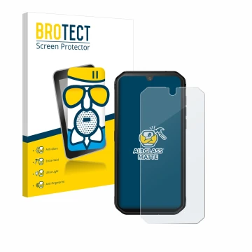 Parte frontal de un envase de producto con el logotipo de la marca BROTECT. Al lado se muestra el dispositivo Blackview BV9900