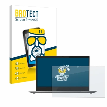 Parte frontal de un envase de producto con el logotipo de la marca BROTECT. Al lado se muestra el dispositivo Lenovo ThinkPad 