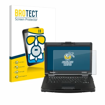 Parte frontal de un envase de producto con el logotipo de la marca BROTECT. Al lado se muestra el dispositivo Panasonic Toughb