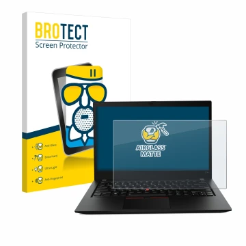 Parte frontal de un envase de producto con el logotipo de la marca BROTECT. Al lado se muestra el dispositivo Lenovo ThinkPad 