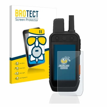 Parte frontal de un envase de producto con el logotipo de la marca BROTECT. Al lado se muestra el dispositivo Garmin Alpha 200