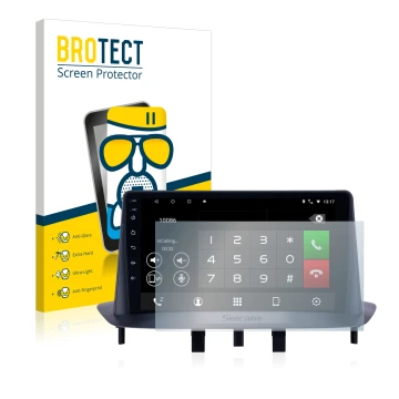 Parte frontal de un envase de producto con el logotipo de la marca BROTECT. Al lado se muestra el dispositivo Pioneer AVH-Z520