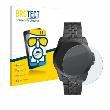 Parte frontal de un envase de producto con el logotipo de la marca BROTECT. Al lado se muestra el dispositivo Fossil Gen 5E co