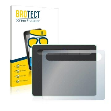 Parte frontal de un envase de producto con el logotipo de la marca BROTECT. Al lado se muestra el dispositivo Wacom Intuos S B