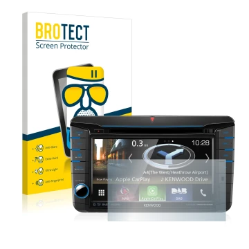 Parte frontal de un envase de producto con el logotipo de la marca BROTECT. Al lado se muestra el dispositivo Kenwood DNX518VD