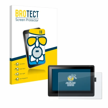 Parte frontal de un envase de producto con el logotipo de la marca BROTECT. Al lado se muestra el dispositivo Wacom Cintiq 16 