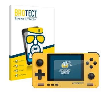 Parte frontal de un envase de producto con el logotipo de la marca BROTECT. Al lado se muestra el dispositivo Retroid Pocket 2