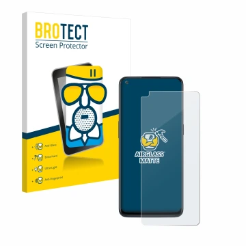 Parte frontal de un envase de producto con el logotipo de la marca BROTECT. Al lado se muestra el dispositivo OnePlus Nord N10