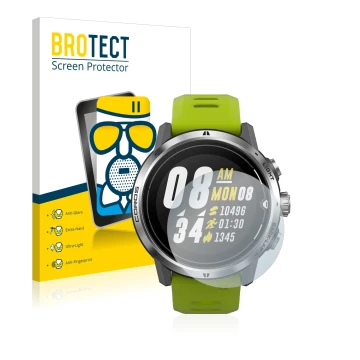 Parte frontal de un envase de producto con el logotipo de la marca BROTECT. Al lado se muestra el dispositivo Coros Apex Pro c