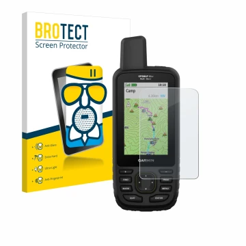 Parte frontal de un envase de producto con el logotipo de la marca BROTECT. Al lado se muestra el dispositivo Garmin GPSMAP 66