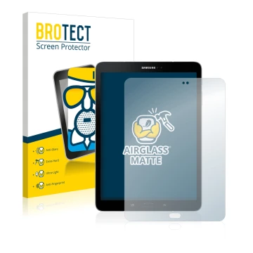 Parte frontal de un envase de producto con el logotipo de la marca BROTECT. Al lado se muestra el dispositivo Samsung Galaxy T