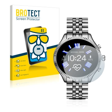 Parte frontal de un envase de producto con el logotipo de la marca BROTECT. Al lado se muestra el dispositivo Michael Kors Acc