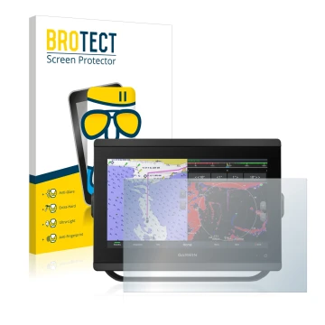 Parte frontal de un envase de producto con el logotipo de la marca BROTECT. Al lado se muestra el dispositivo Garmin GPSMAP 84