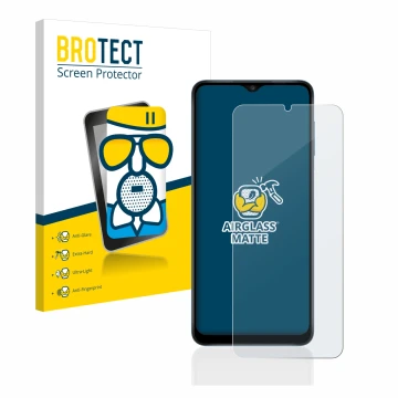 Parte frontal de un envase de producto con el logotipo de la marca BROTECT. Al lado se muestra el dispositivo Samsung Galaxy A