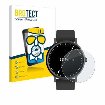 Parte frontal de un envase de producto con el logotipo de la marca BROTECT. Al lado se muestra el dispositivo Relojes (Circula