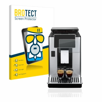Parte frontal de un envase de producto con el logotipo de la marca BROTECT. Al lado se muestra el dispositivo DeLonghi PrimaDo