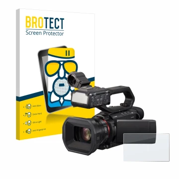 Parte frontal de un envase de producto con el logotipo de la marca BROTECT. Al lado se muestra el dispositivo Panasonic HC-X20