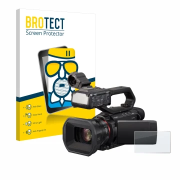 Parte frontal de un envase de producto con el logotipo de la marca BROTECT. Al lado se muestra el dispositivo Panasonic HC-X15