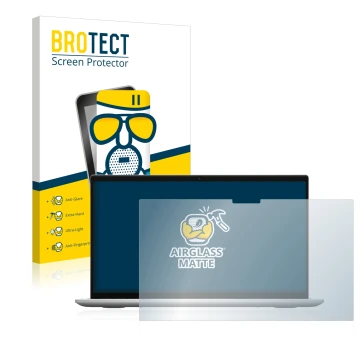 Parte frontal de un envase de producto con el logotipo de la marca BROTECT. Al lado se muestra el dispositivo Dell Inspiron 13