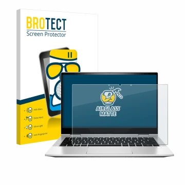 Parte frontal de un envase de producto con el logotipo de la marca BROTECT. Al lado se muestra el dispositivo HP EliteBook x36